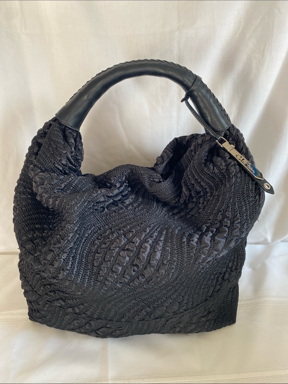 Cole Haan Black Ruched Textured Satin Hobo Shoulder Bag Leather Strap